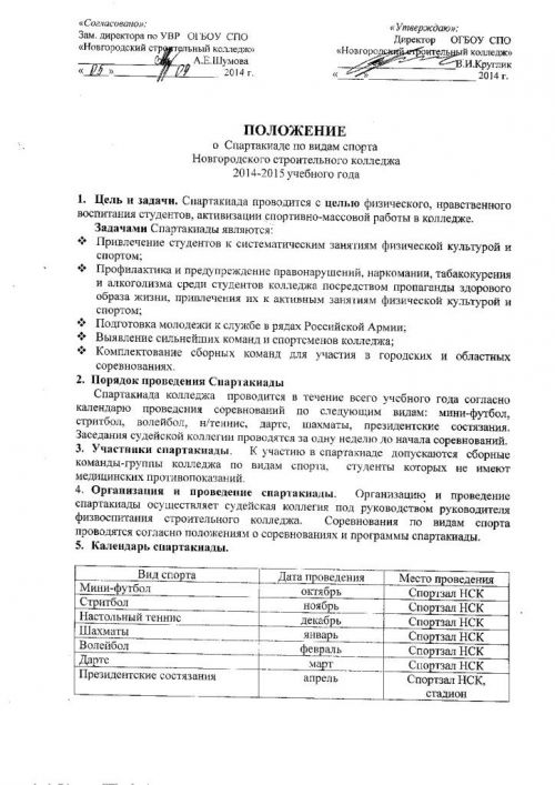 Положение о Спартакиаде по видам спорта Новгородского строительного колледжа 2014-2015 учебного года